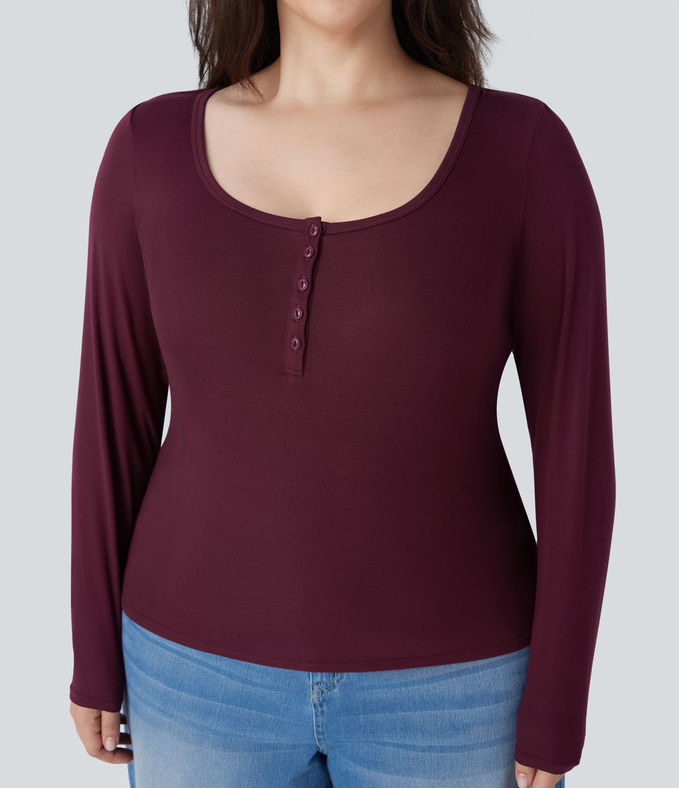 Plus Size Ribbed Henley Neck Long Sleeve Casual Top