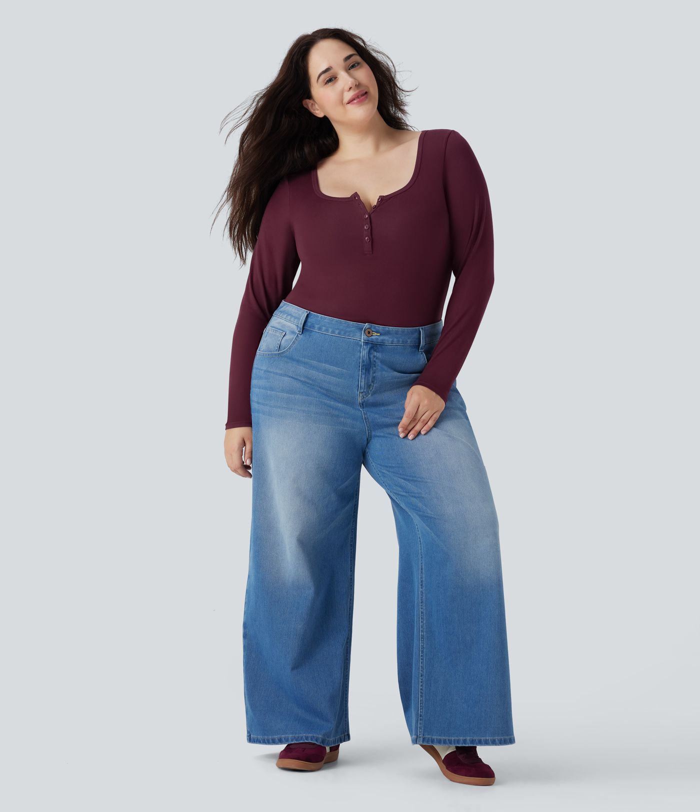 Plus Size Ribbed Henley Neck Long Sleeve Casual Top