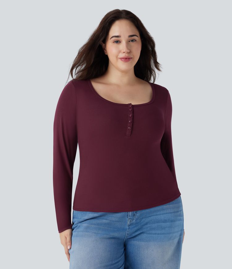 Plus Size Ribbed Henley Neck Long Sleeve Casual Top