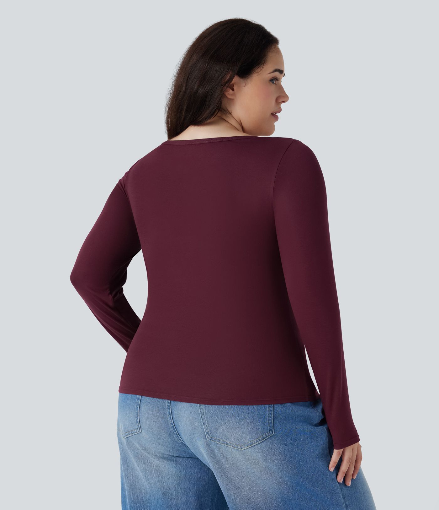 Plus Size Ribbed Henley Neck Long Sleeve Casual Top