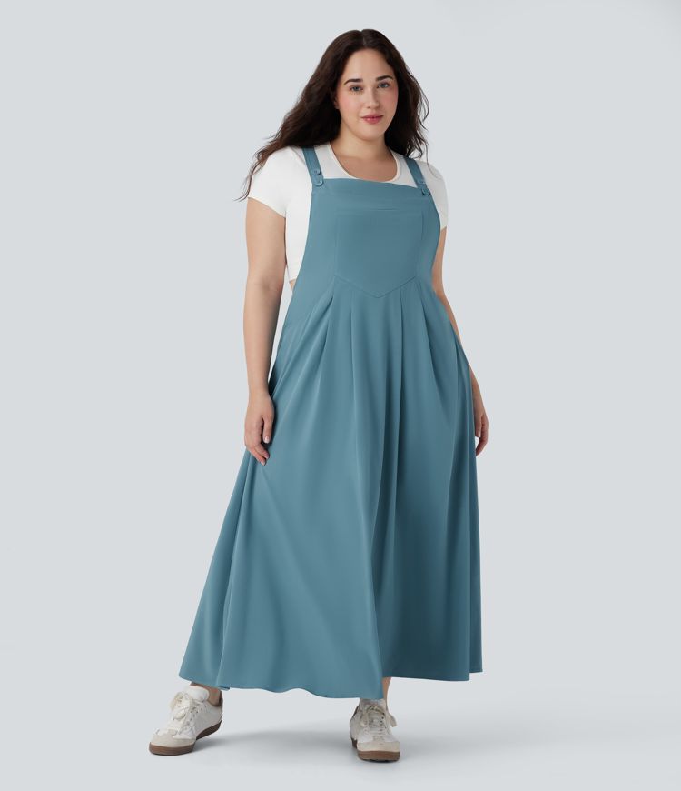 Breezeful™ Adjustable Strap Button Flowy Quick Dry Midi Casual Plus Size Pinafore Dress with Pockets