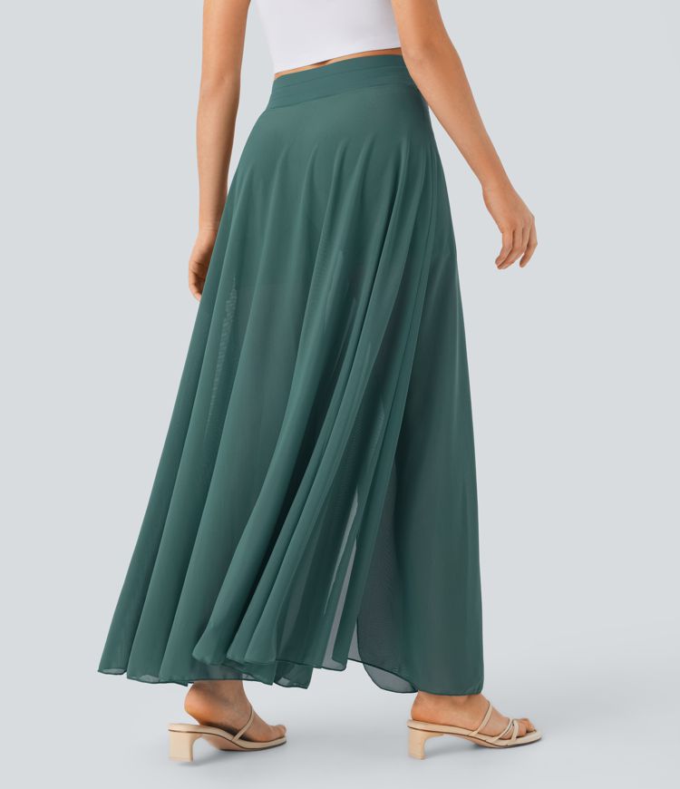 High Waisted Drawstring Contrast Mesh 2-in-1 Pocket Flowy Maxi Flare Casual Skirt