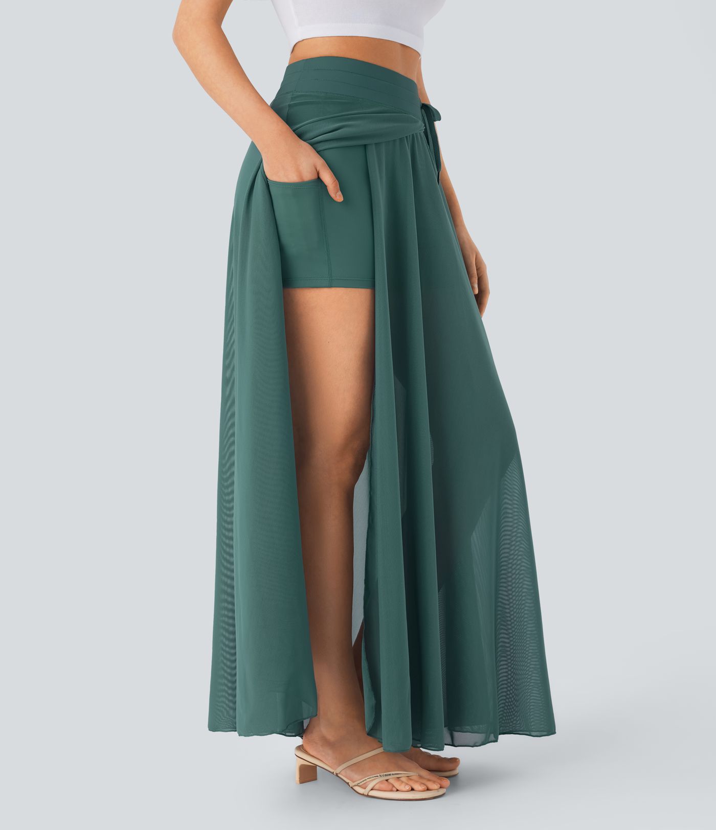 High Waisted Drawstring Contrast Mesh 2-in-1 Pocket Flowy Maxi Flare Casual Skirt