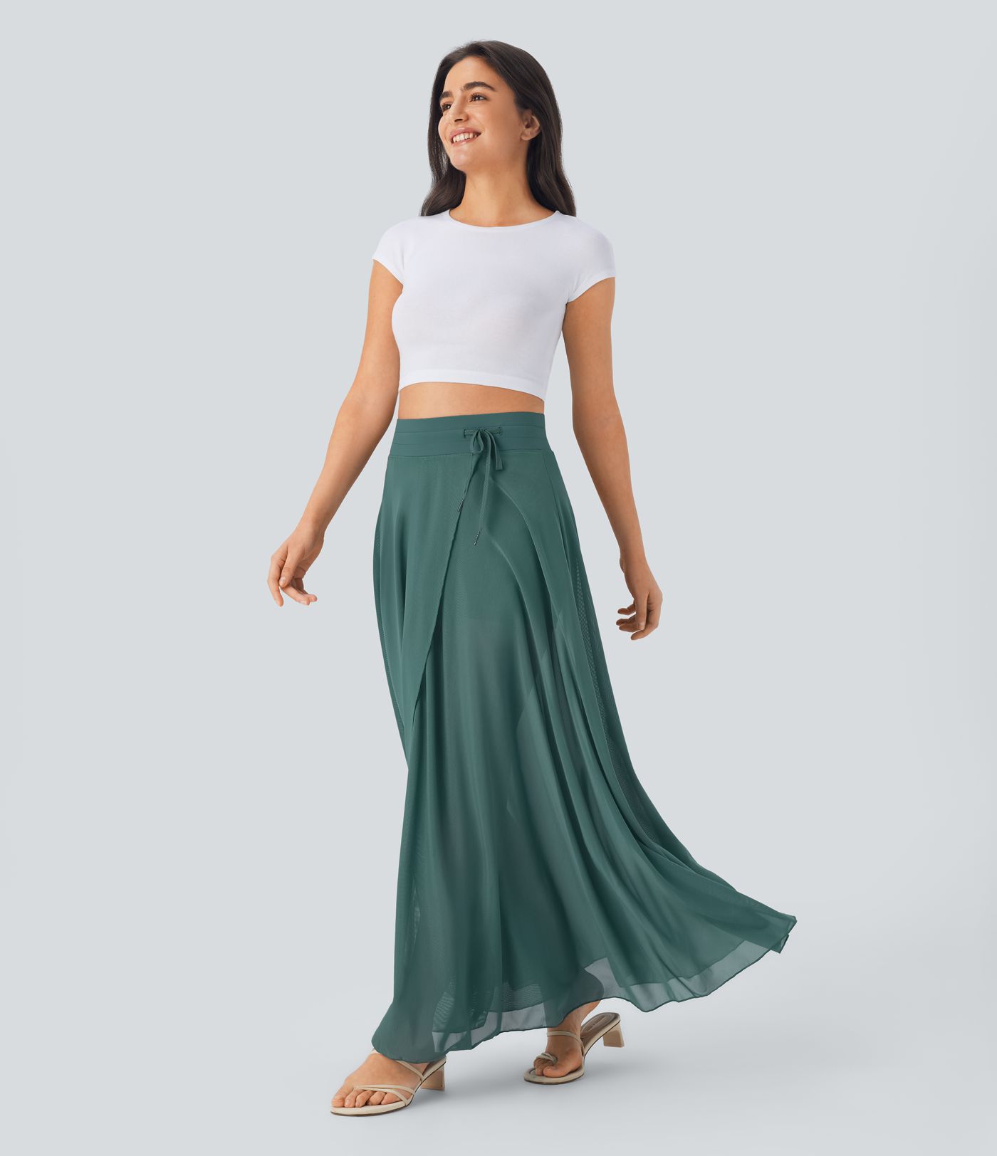 High Waisted Drawstring Contrast Mesh 2-in-1 Pocket Flowy Maxi Flare Casual Skirt