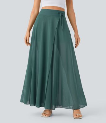 High Waisted Drawstring Contrast Mesh 2-in-1 Pocket Flowy Maxi Flare Casual Skirt