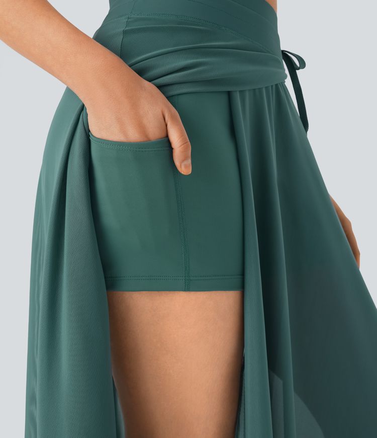 High Waisted Drawstring Contrast Mesh 2-in-1 Pocket Flowy Maxi Flare Casual Skirt