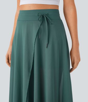 High Waisted Drawstring Contrast Mesh 2-in-1 Pocket Flowy Maxi Flare Casual Skirt
