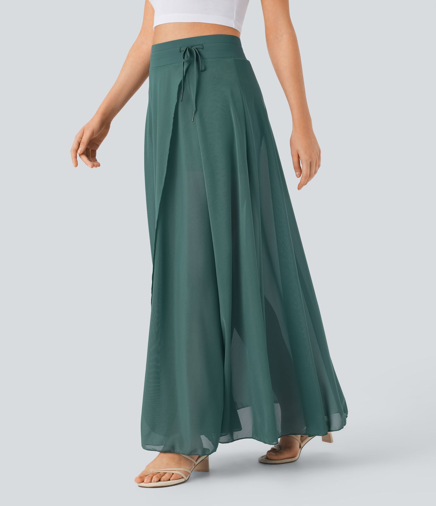 High Waisted Drawstring Contrast Mesh 2-in-1 Pocket Flowy Maxi Flare Casual Skirt