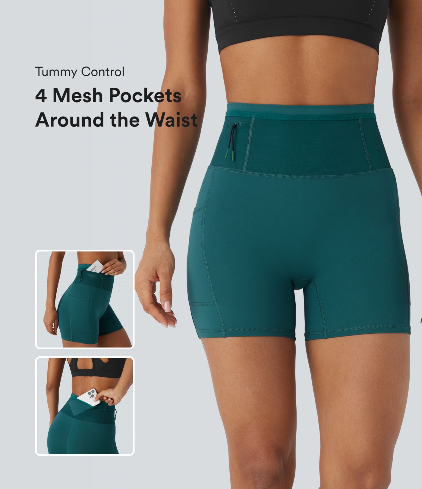 Shorts tipo biker de running SpeedWave™ de tiro alto moldeador abdominal  con malla de contraste y de secado rápido en longitud 12,7cm y bolsillos 360°