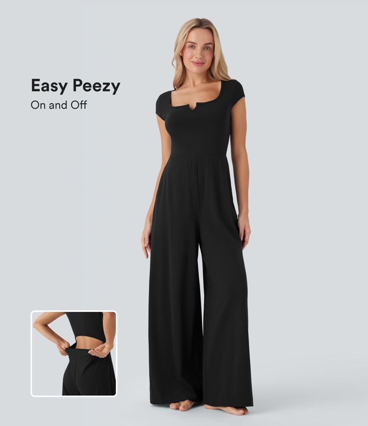 Softlyzero™ Airy Yoga-Jumpsuit mit Reverskragen, kurzen Ärmeln, weitem Bein und Cool Touch mit Seitentaschen – Easy Peezy Edition