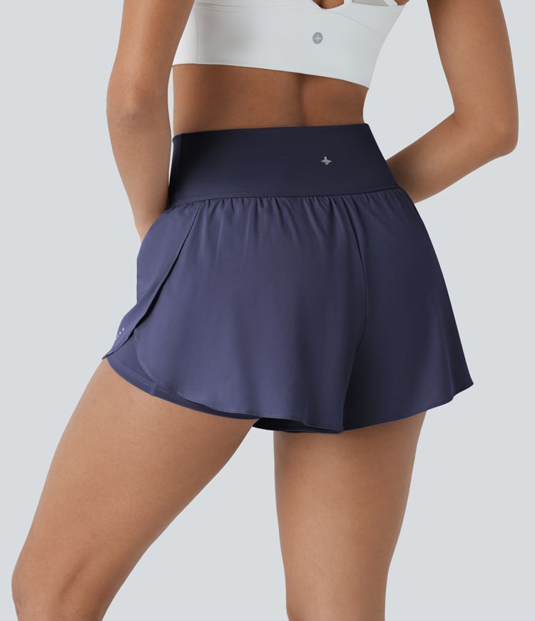 Softlyzero™ QuickDry High Waisted Reflective Dots Crossover Hem 2-in-1 Side Pockets Quick Dry Running Shorts