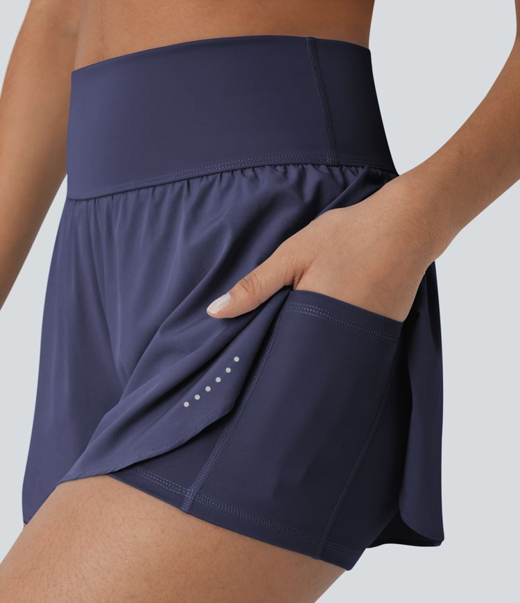Softlyzero™ QuickDry Short de course à pied 2-en-1 taille haute à ourlet croisé avec pois réfléchissants et poches latérales