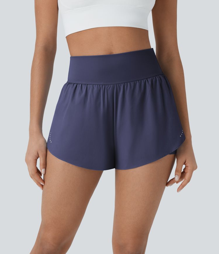 Softlyzero™ QuickDry High Waisted Reflective Dots Crossover Hem 2-in-1 Side Pockets Quick Dry Running Shorts