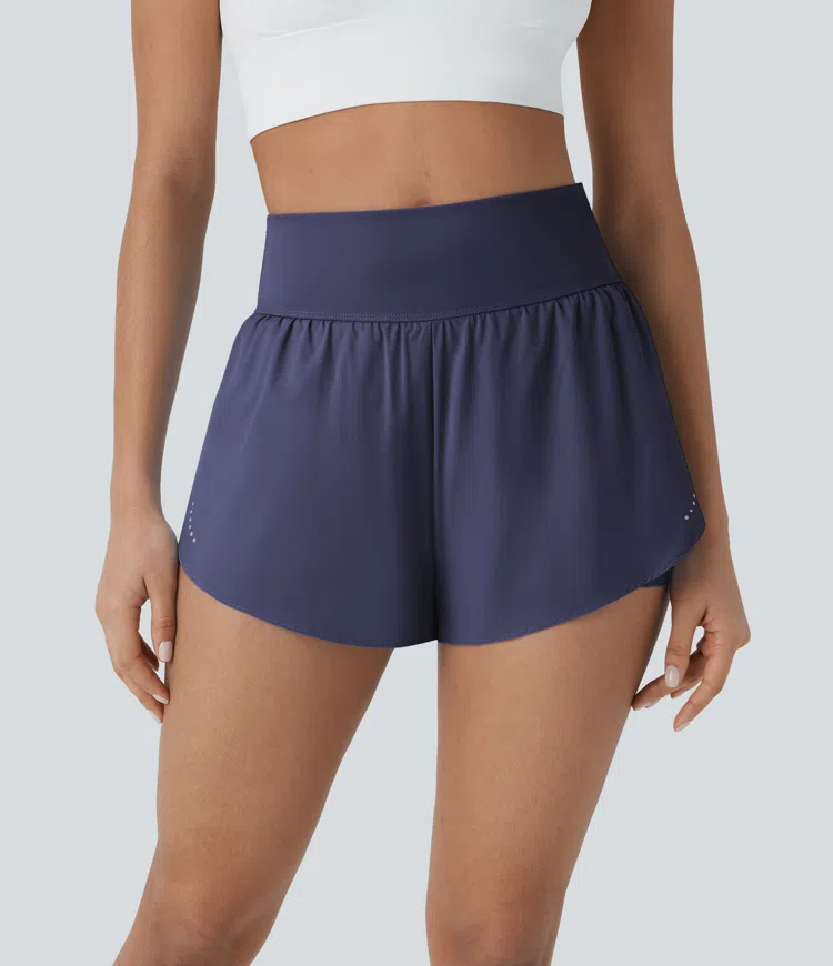 Softlyzero™ QuickDry High Waisted Reflective Dots Crossover Hem 2-in-1 Side Pockets Quick Dry Running Shorts