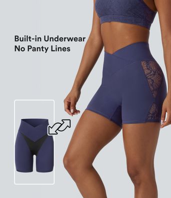 Softlyzero™ High Waisted Crossover Contrast Lace Built-in Underwear Yoga Biker Shorts 5'' with Pocket-UPF50+