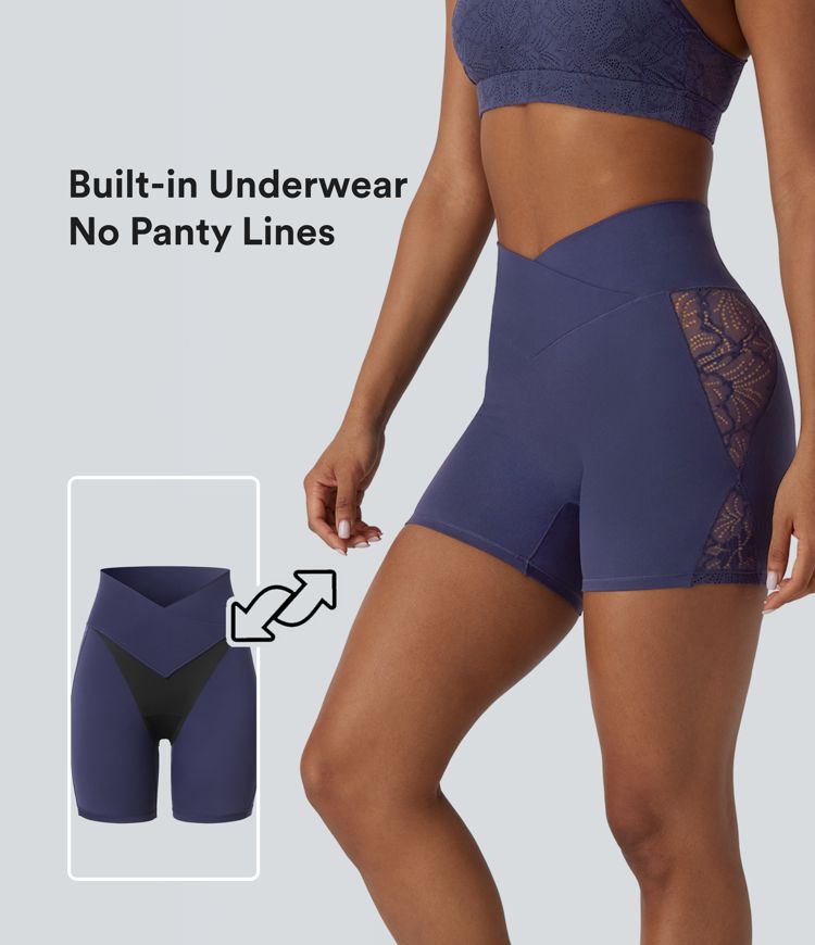 Softlyzero™ High Waisted Crossover Contrast Lace Built-in Underwear Yoga Biker Shorts 5'' with Pocket-UPF50+