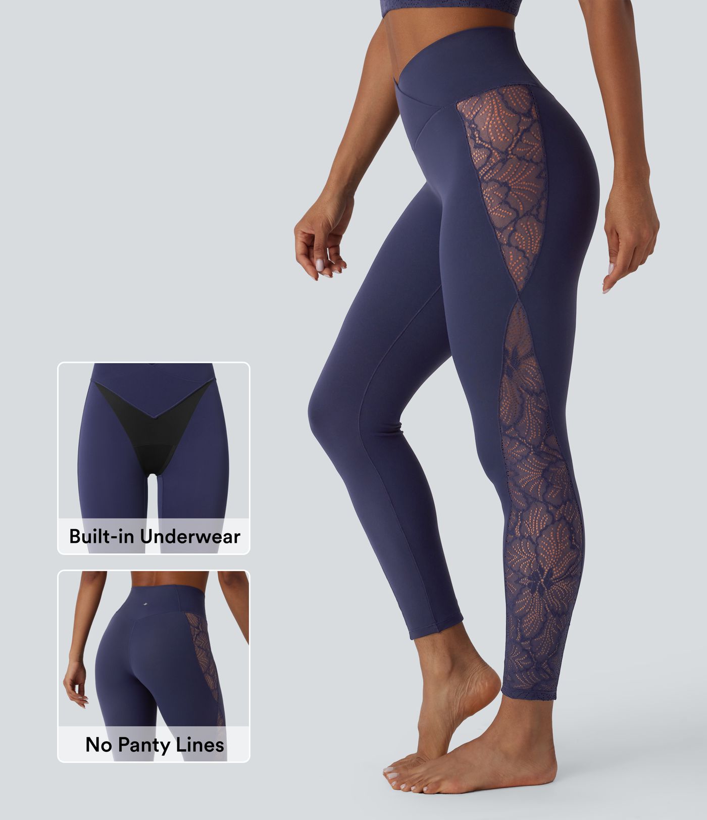 Women's Softlyzero™ High Waisted Crossover Contrast Lace Back Pocket Yoga  Biker Shorts 5''-UPF50+ - Halara, image size:1400x1624