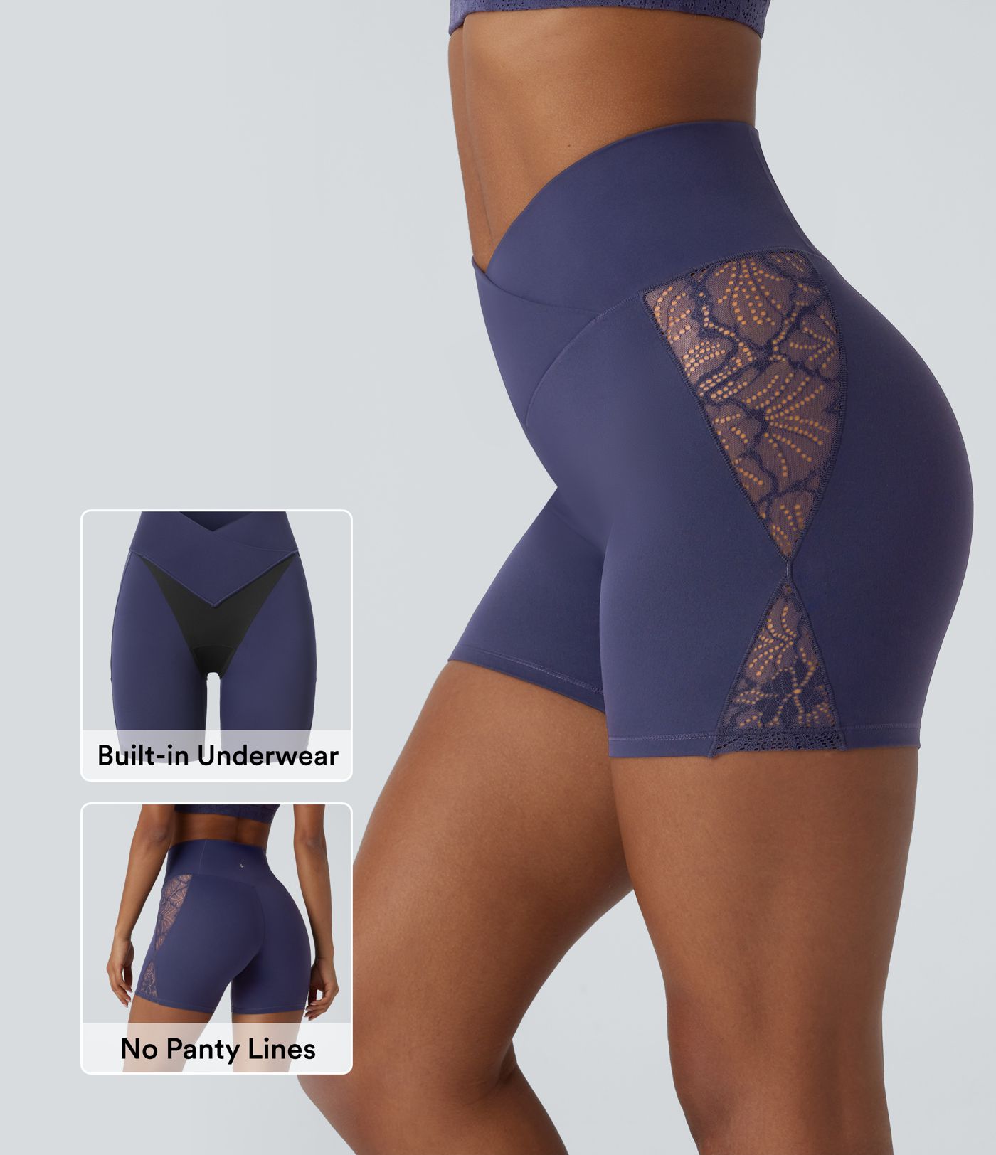 SoftlyZero™ High Waisted Crossover Contrast Lace Built-in Underwear Yoga Biker Shorts 5'' with Pocket-UPF50+