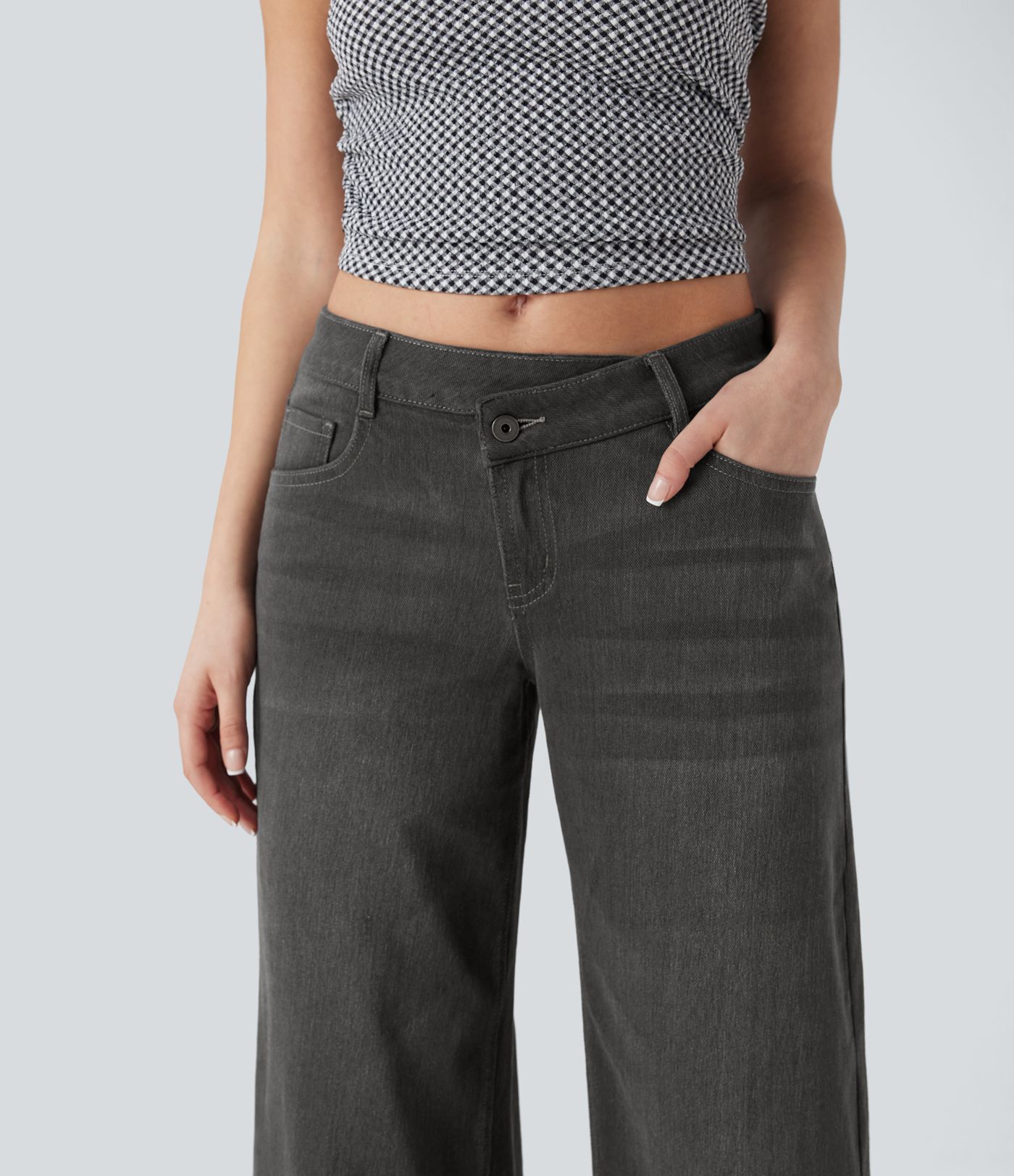 Halara Flex™ Asymmetric Low Rise Zipper Women Wide Leg Baggy Washed Denim Casual Jeans