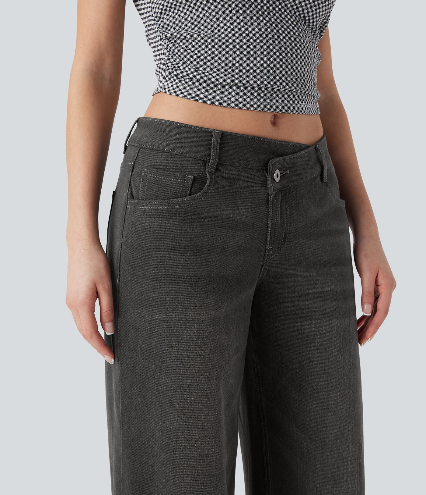 Halara Flex™ Asymmetric Low Rise Zipper Women Wide Leg Baggy Washed Denim Casual Jeans