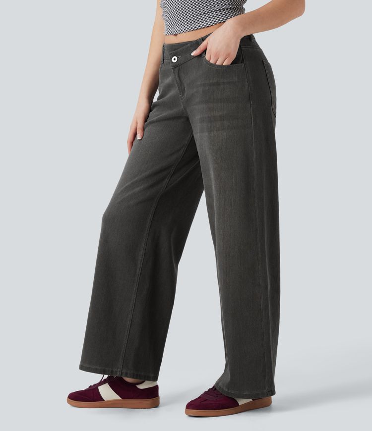 Halara Flex™ Asymmetric Low Rise Button Zipper Multiple Pockets Baggy Wide Leg Washed Stretchy Knit Casual Jeans