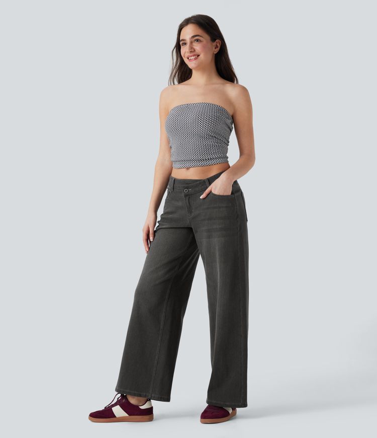 Halara Flex™ Jean large asymétrique taille basse avec bouton, fermeture éclair et poches multiples, délavé et extensible en maille