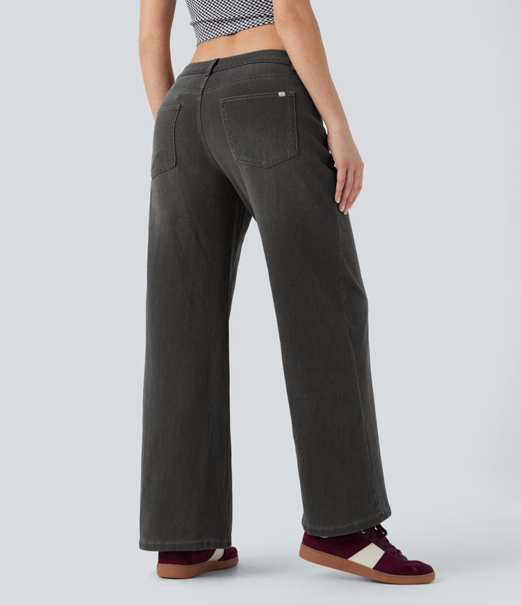 Halara Flex™ Asymmetric Low Rise Button Zipper Multiple Pockets Baggy Wide Leg Washed Stretchy Knit Casual Jeans