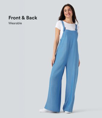 Denim Like Casual Overalls with Pockets-Front and Back Wearable