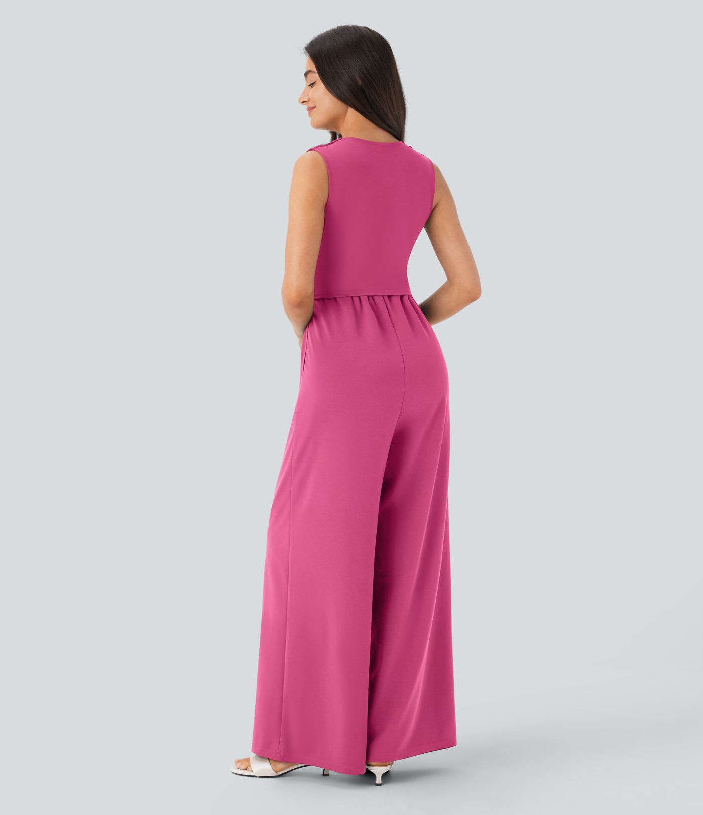 V Neck Sleeveless Ruched Pocket Jumpsuit-Easy Peezy