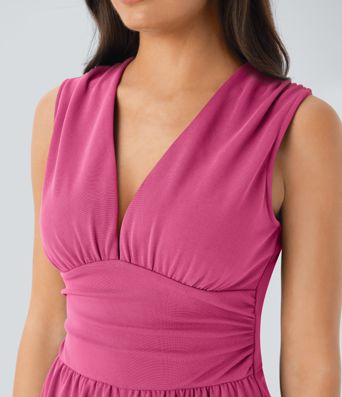 V Neck Sleeveless Ruched Pocket Jumpsuit-Easy Peezy