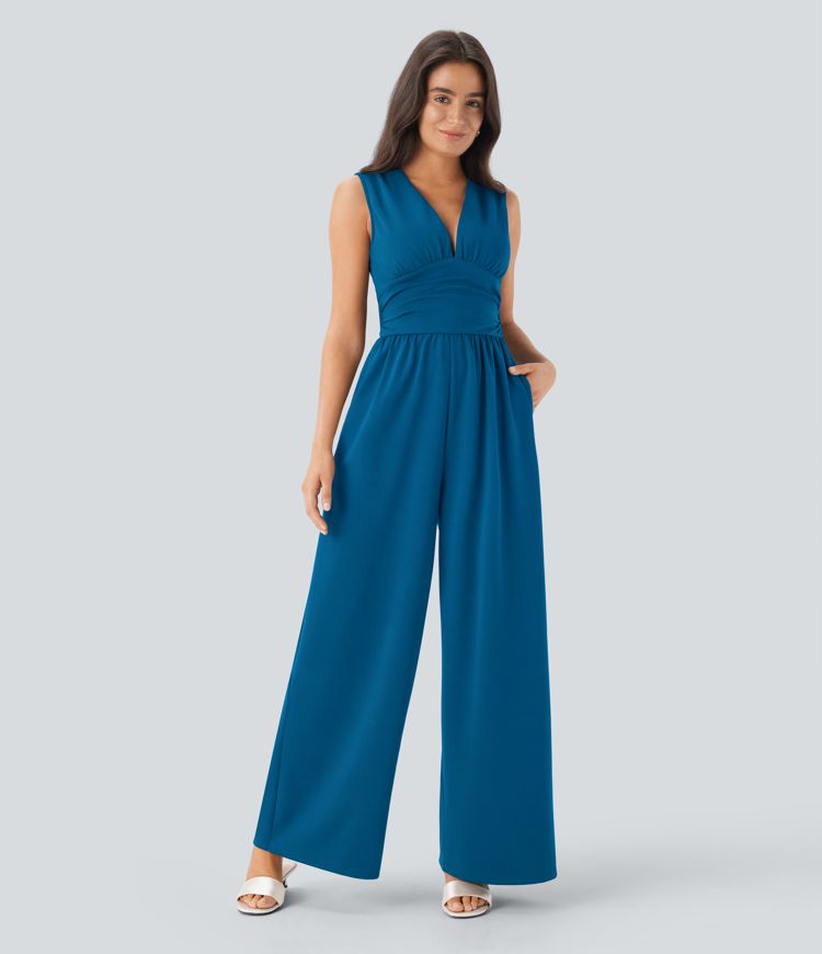 Sleeveless V-neck ruched jumpsuit with pockets - Easy Peasy
