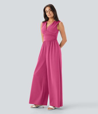 V Neck Sleeveless Ruched Pocket Jumpsuit-Easy Peezy