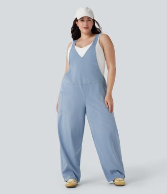 Halara Flex™ V Neck Washed Denim Casual Plus Size Overalls with Pockets