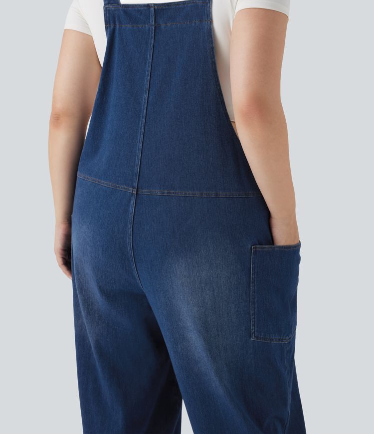 Halara Flex™ V Neck Washed Stretchy Knit Denim Casual Plus Size Dungarees with Pockets