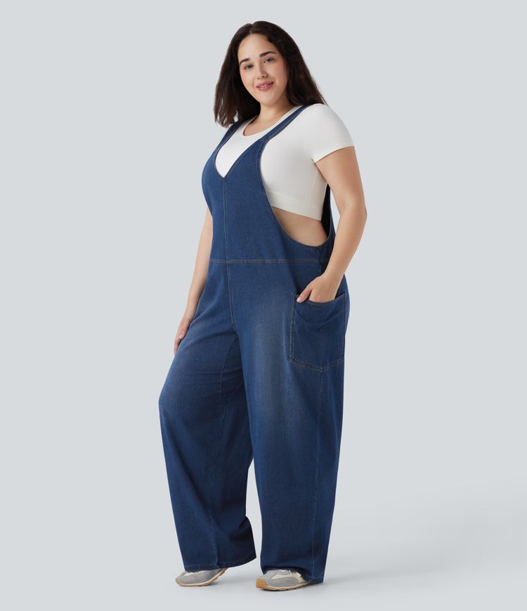 Halara Flex™ V Neck Washed Denim Casual Plus Size Overalls with Pockets
