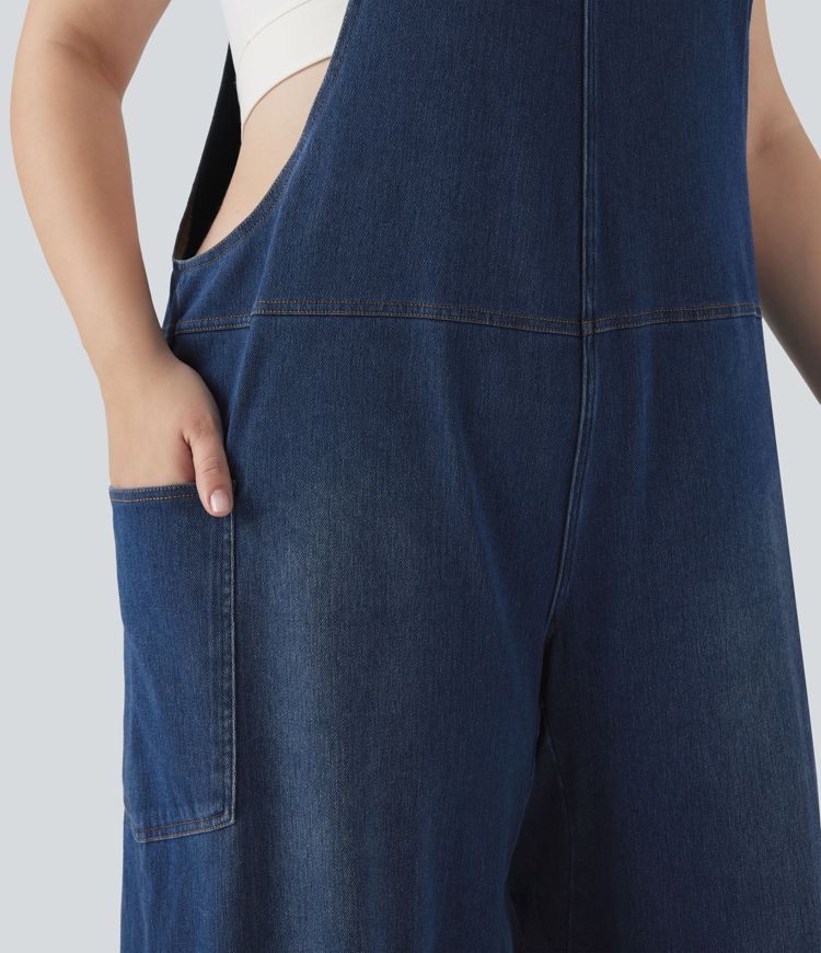 Halara Flex™ V Neck Washed Denim Casual Plus Size Overalls with Pockets