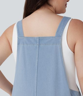 Halara Flex™ V Neck Washed Denim Casual Plus Size Overalls with Pockets