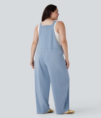 Halara Flex™ V Neck Washed Denim Casual Plus Size Overalls with Pockets