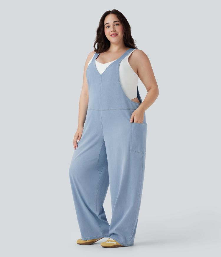 Halara Flex™ V Neck Washed Denim Casual Plus Size Overalls with Pockets