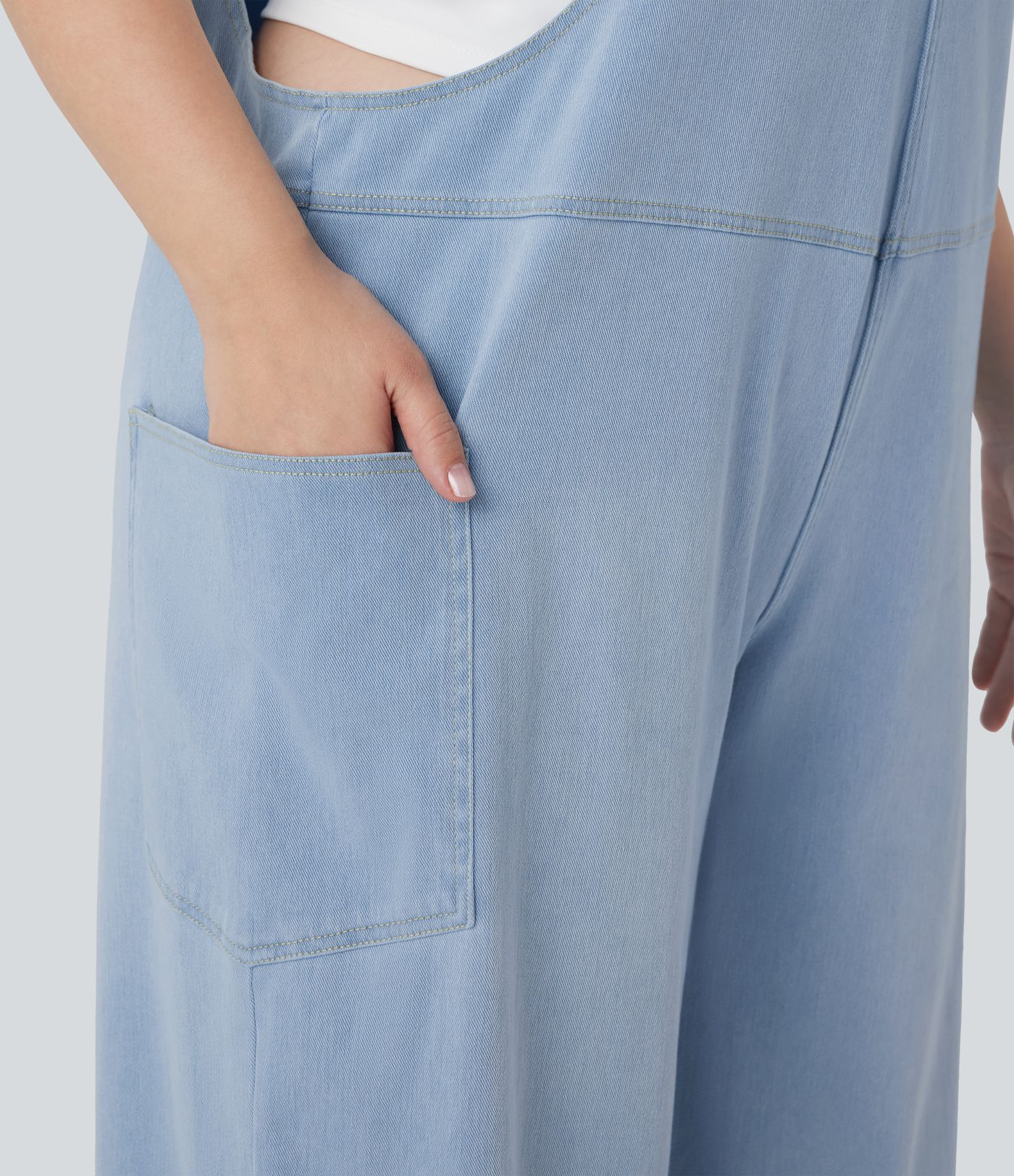 Halara Flex™ V Neck Washed Denim Casual Plus Size Overalls with Pockets