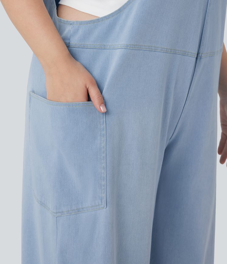 Halara Flex™ V Neck Washed Denim Casual Plus Size Overalls with Pockets
