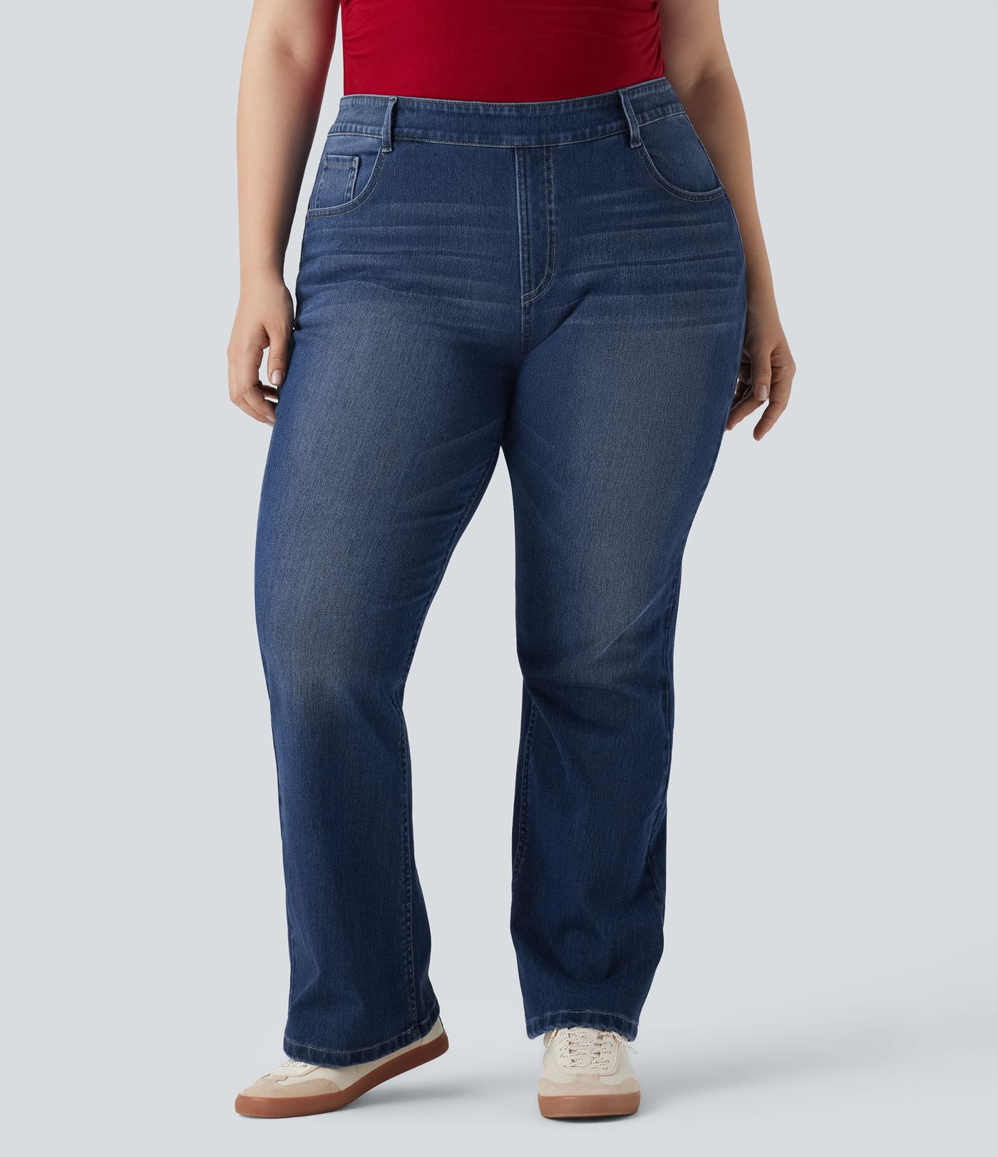 Jean décontracté grande taille évasé taille haute Halara Flex™ effet délavé avec multiples poches
