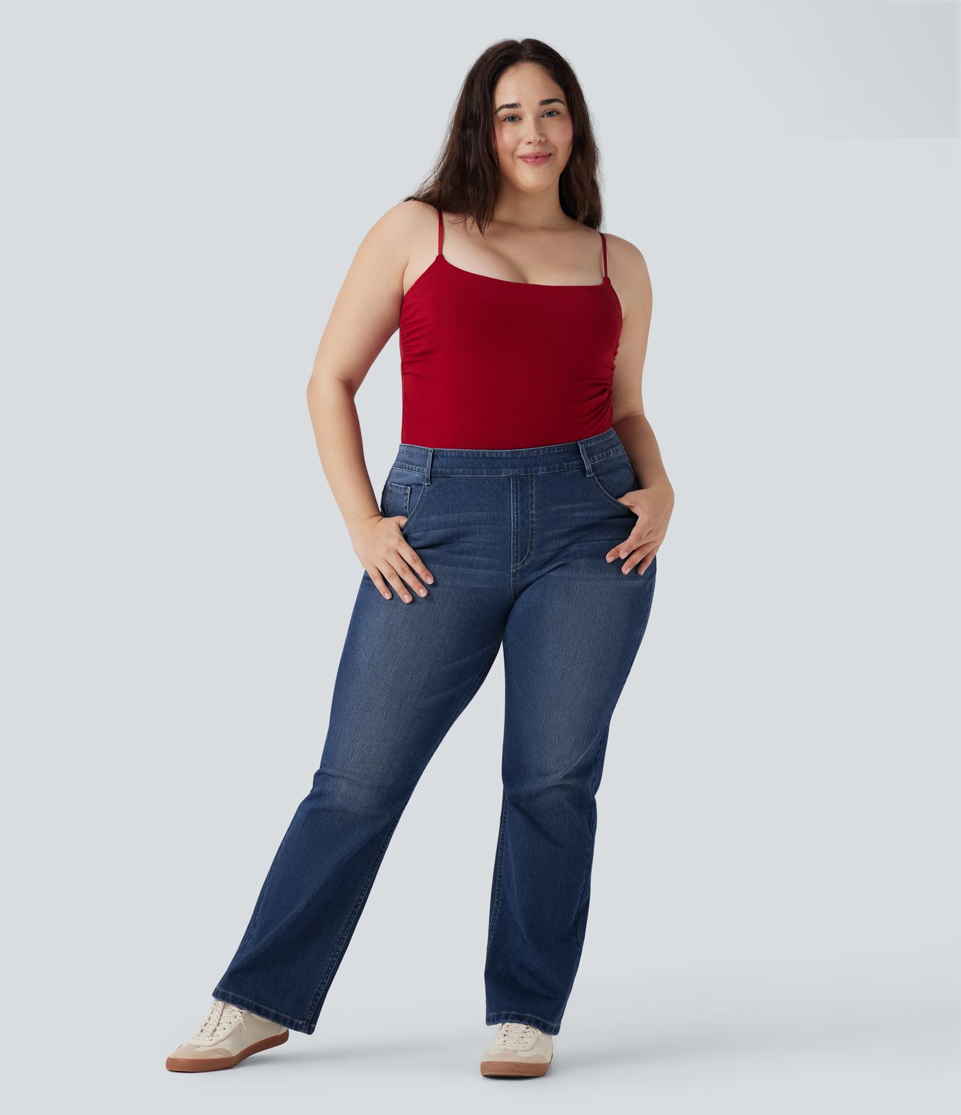 Jean décontracté grande taille évasé taille haute Halara Flex™ effet délavé avec multiples poches