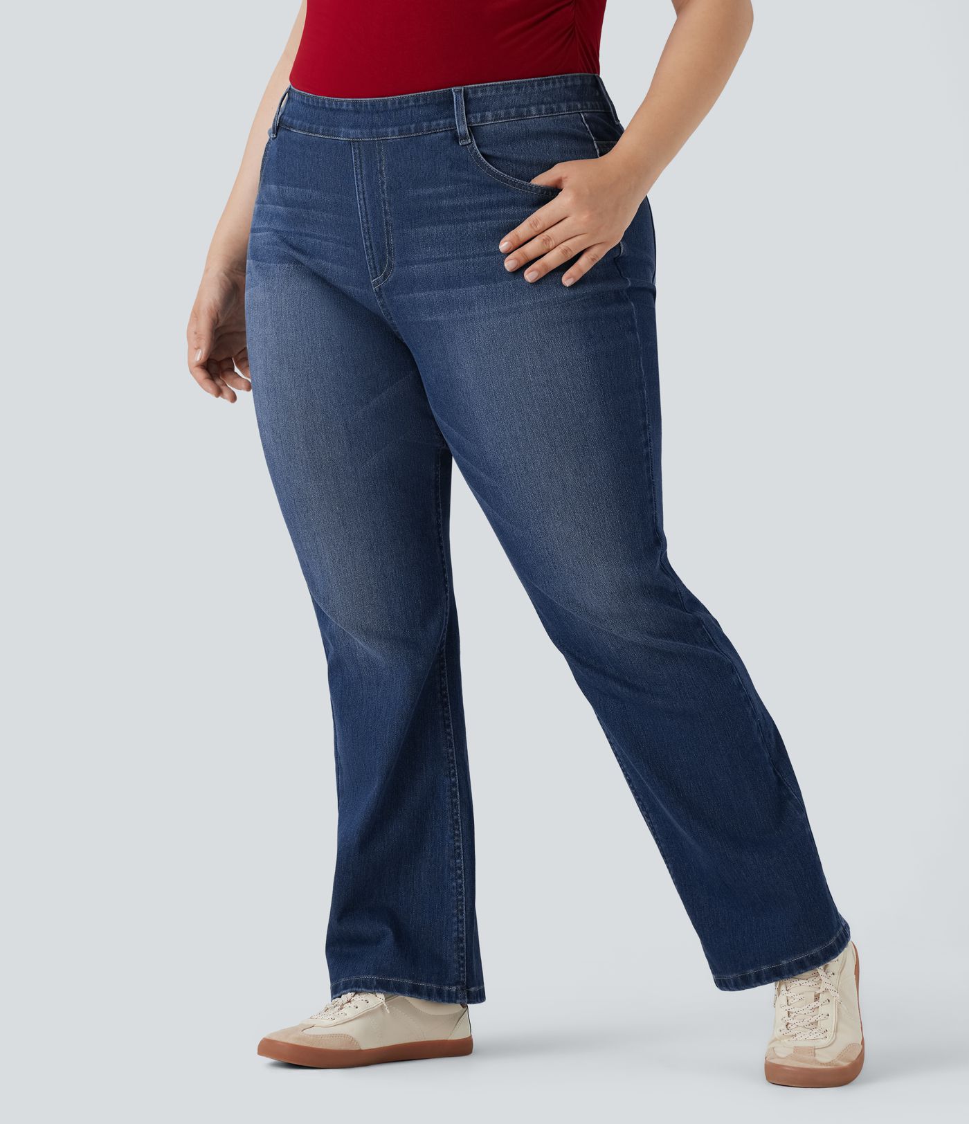Jean décontracté grande taille évasé taille haute Halara Flex™ effet délavé avec multiples poches