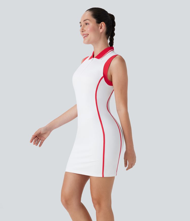SoftlyZero™ Airy Color Block Polo Zip Sleeveless Bodycon Cool Touch Mini Casual Dress-UPF50+ SoftlyZero™ Airy Color Block Polo Zip Sleeveless Bodycon Cool Touch Mini Casual Dress-UPF50+