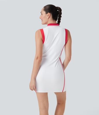 SoftlyZero™ Airy Color Block Polo Zip Sleeveless Bodycon Cool Touch Mini Casual Dress-UPF50+ SoftlyZero™ Airy Color Block Polo Zip Sleeveless Bodycon Cool Touch Mini Casual Dress-UPF50+