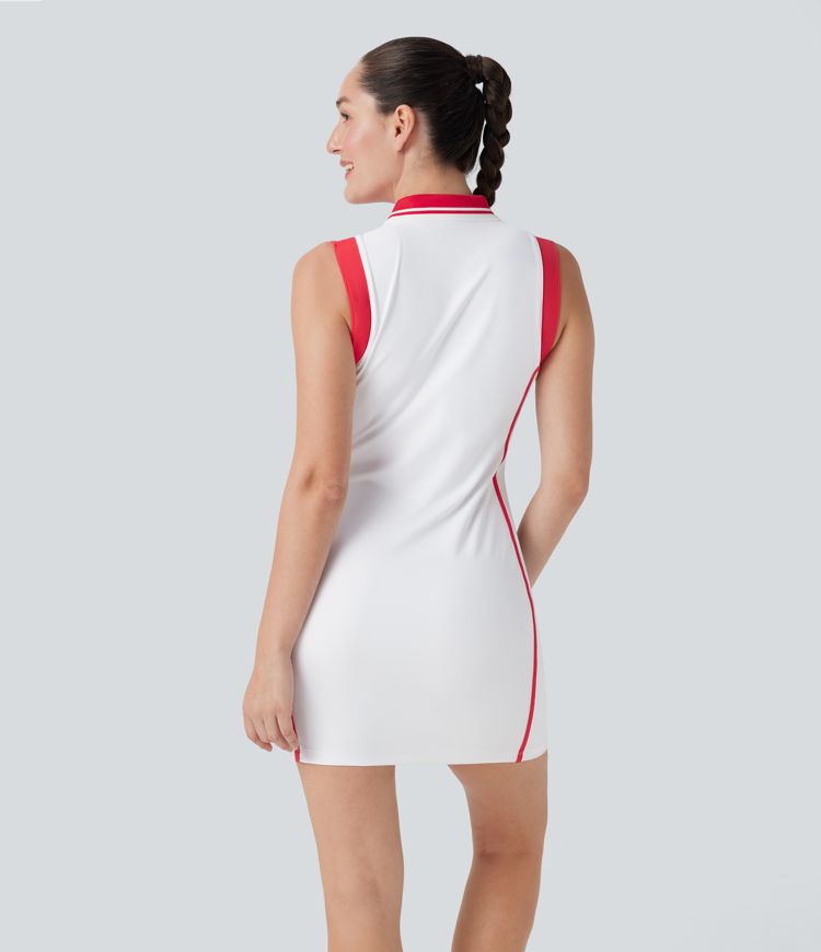 SoftlyZero™ Airy Color Block Polo Zip Sleeveless Bodycon Cool Touch Mini Casual Dress-UPF50+ SoftlyZero™ Airy Color Block Polo Zip Sleeveless Bodycon Cool Touch Mini Casual Dress-UPF50+