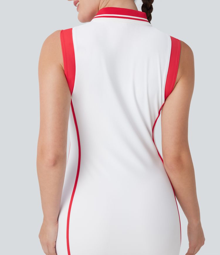 SoftlyZero™ Airy Color Block Polo Zip Sleeveless Bodycon Cool Touch Mini Casual Dress-UPF50+ SoftlyZero™ Airy Color Block Polo Zip Sleeveless Bodycon Cool Touch Mini Casual Dress-UPF50+