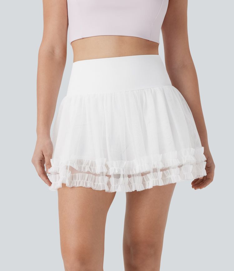 High Waisted Tummy Control Contrast Mesh 2-in-1 Mini Dance Skirt with Pockets