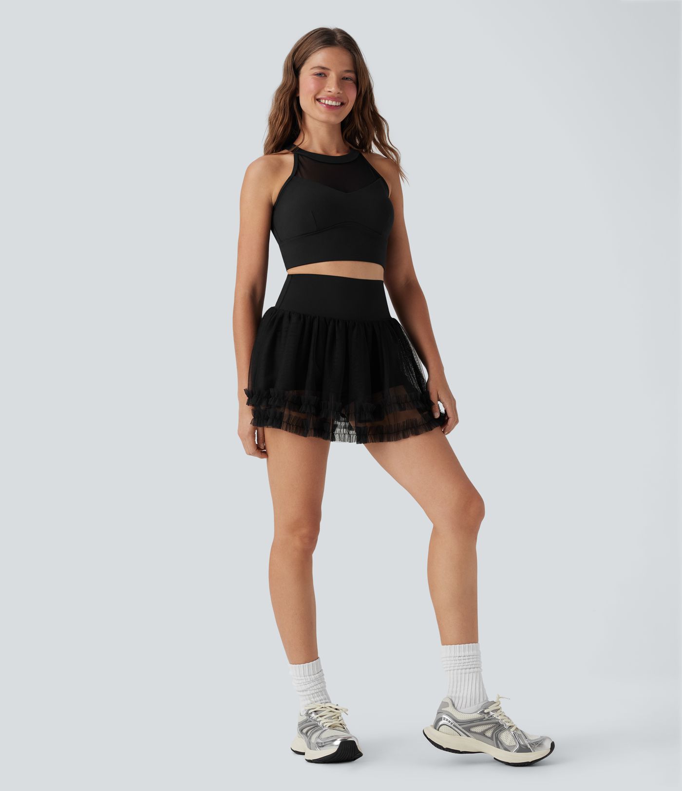 2-in-1 Minirock mit hohem Bund, Seitentaschen, Bauchkontrolle und Kontrast-Mesh